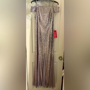 Off-the-shoulder floor length sequin formal gown